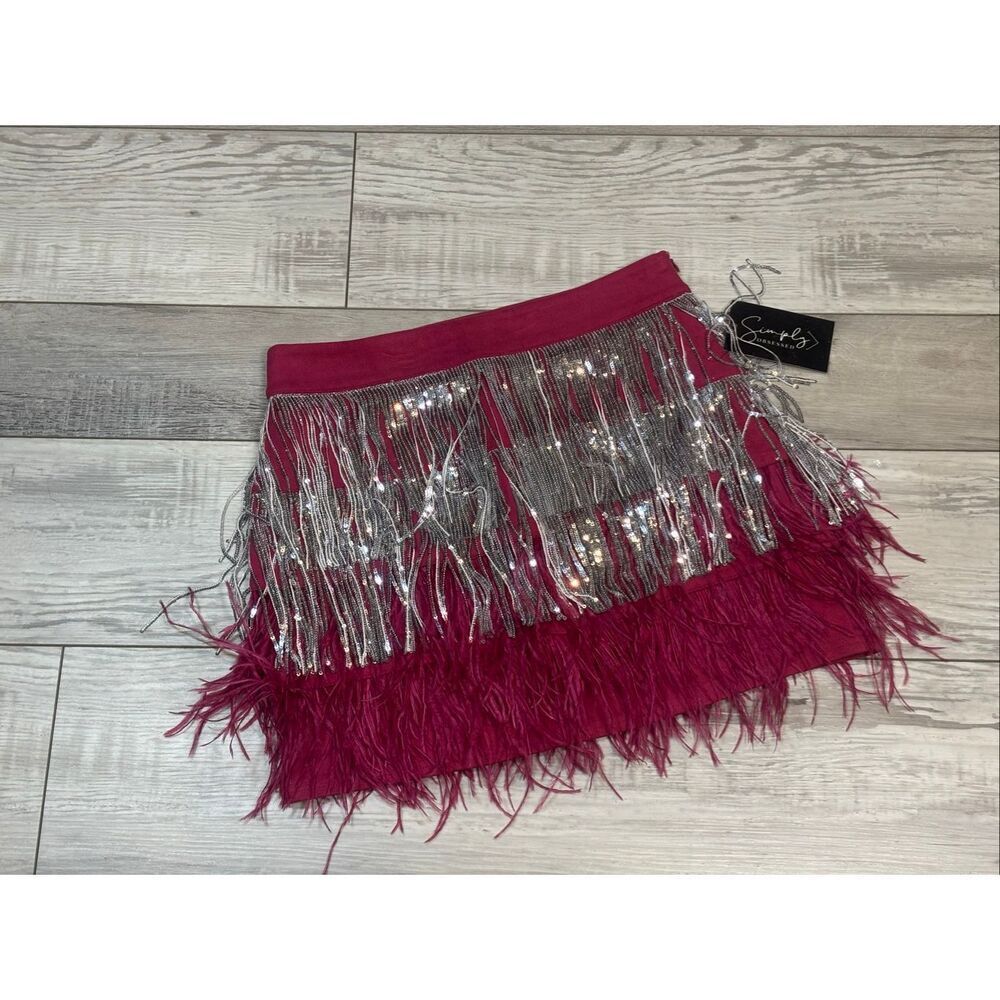 Hot Pink sequence feather fringe mini skirt size S